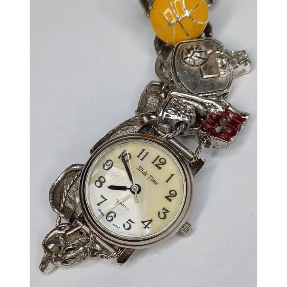 Slide Time Basketball Watch Women Charm Bracelet Mother of Pearl 7 1/4